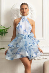 Vestido – Estilo Elegante, Estampa Floral, Decote Halter, Costas Abertas, Modelagem Justa, Saia em Camadas, Mini Vestido para Festa ou Praia