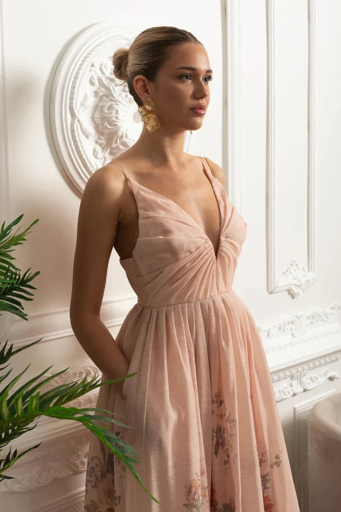 Vestido Midi Estampa de Flores Rosa e Decote V Profundo – Alta Qualidade