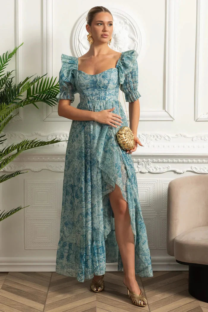 Vestido Runway – Floral Elegante com Mangas Bufantes, Babados em Camadas e Estilo Princesa para Festa