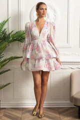 Vestido Curto Estampado – Decote V, Manga Bufante Lanterna e Saia em Camadas Estilo Cake, Cintura Império