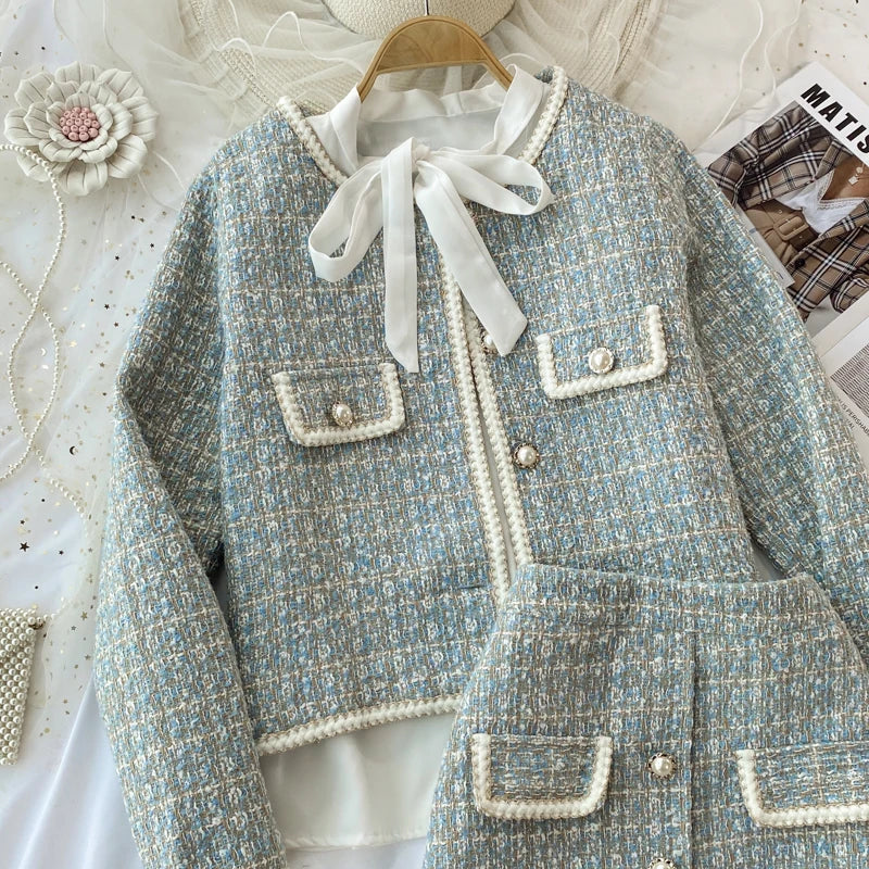 ConjuntoTweed Xadrez – Blazer Manga Longa + Saia A-Line Assimétrica
