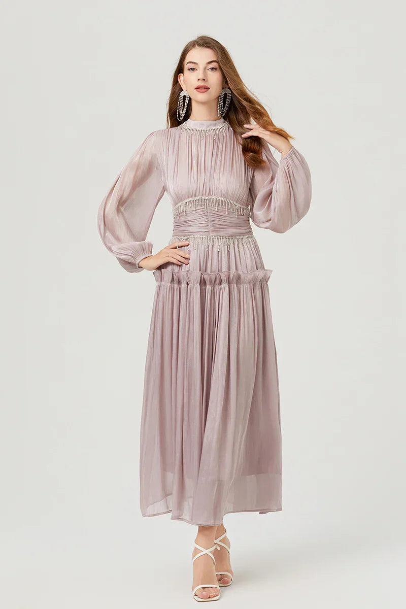 Vestido de Verão SEDA – Luxo Francês, Franjas, Pregas e cristais