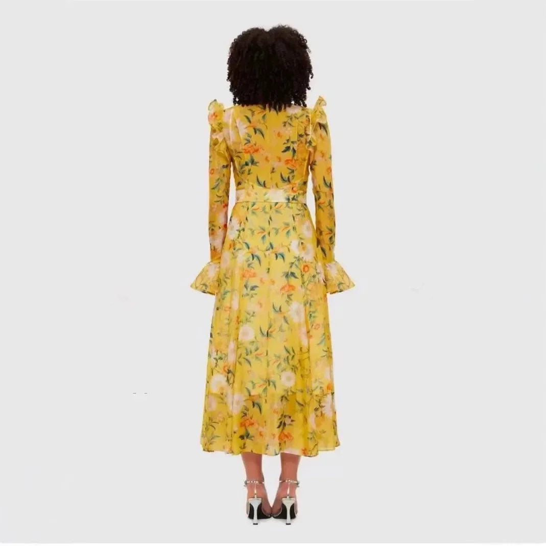Vestido Longo Floral com Manga Flare – Elegância Atemporal