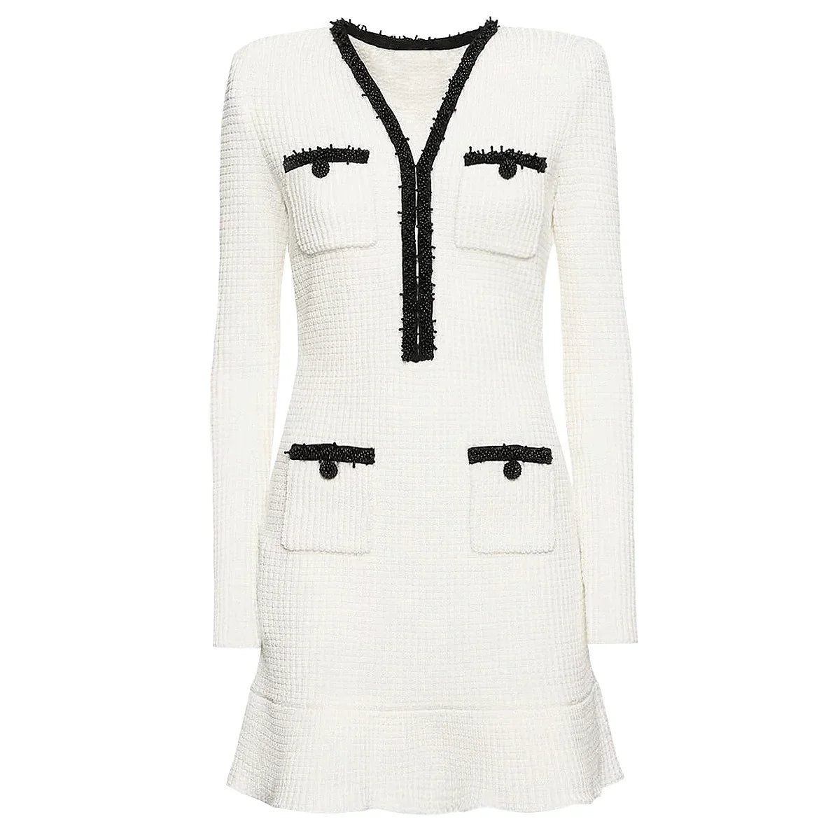 Vestido Bicolor – Decote V, Manga Longa, Slim Fit com Bolsos Bordados