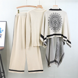 Conjunto Feminino 3 Peças em Tricô – Blusa, Pashmina e Calça Pantalona Cintura Alta