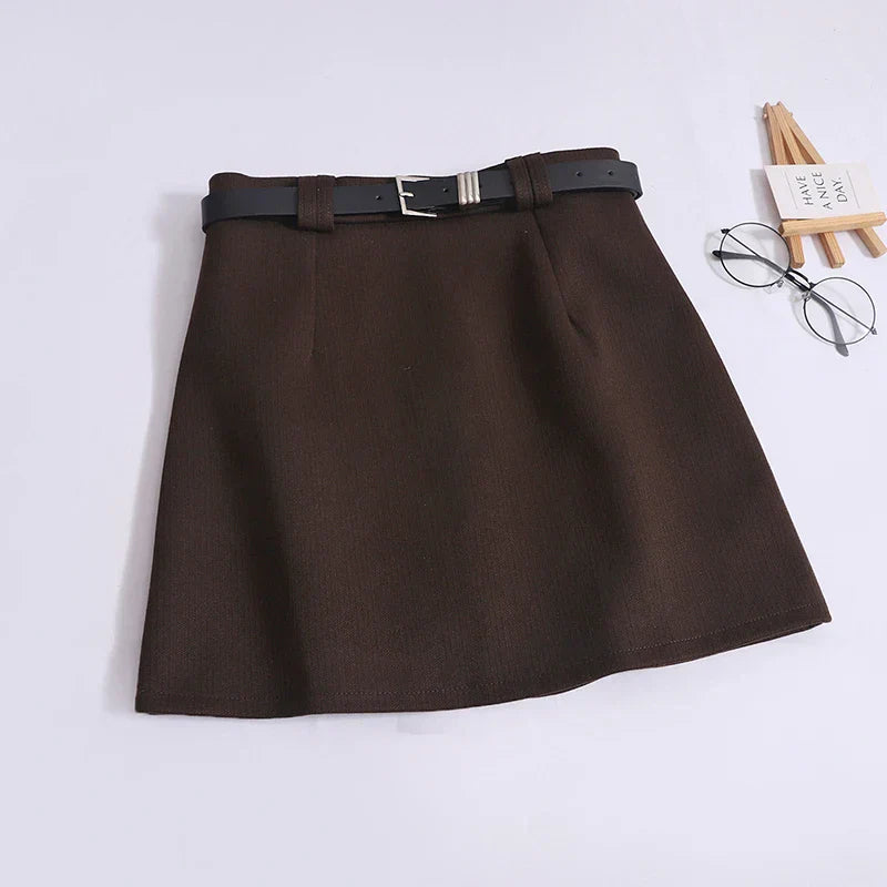 Saia de Lã com Cinto – Modelo A-Line Cintura Alta, Elegante