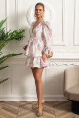 Vestido Curto Estampado – Decote V, Manga Bufante Lanterna e Saia em Camadas Estilo Cake, Cintura Império