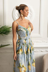 Vestido Longo Estampado – Alças Finas, Decote V, Cinto na Cintura e Saia A-Line