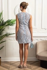 Vestido Curto – Bordado Floral, Botões, Renda, Decote O e Sem Mangas