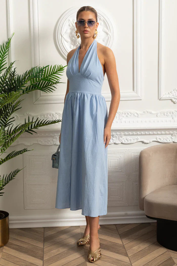 Vestido Longo em Algodão – Decote V, Alças Finas e Cintura Marcada – Estilo Oversized
