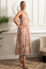 Vestido Midi Estampa de Flores Rosa e Decote V Profundo – Alta Qualidade