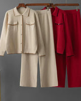 Conjunto Feminino - Estilo Francês em Tricô com Gola Polo e Calça Longa