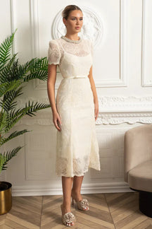 Vestido Longo – Luxo, Bordado em Renda, Detalhes com Diamantes e Cristais, Manga Curta Transparente, Modelo Midi