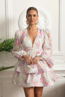 Vestido Curto Estampado – Decote V, Manga Bufante Lanterna e Saia em Camadas Estilo Cake, Cintura Império