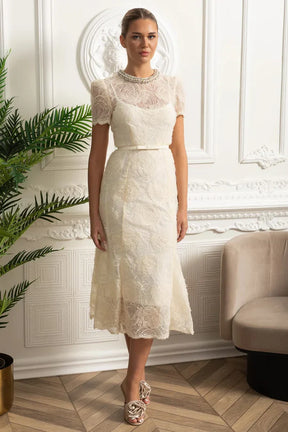 Vestido Longo – Luxo, Bordado em Renda, Detalhes com Diamantes e Cristais, Manga Curta Transparente, Modelo Midi