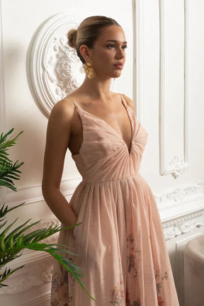 Vestido Midi  Estampa de Flores Rosa e Decote V Profundo – Alta Qualidade