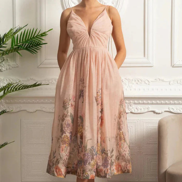 Vestido Midi  Estampa de Flores Rosa e Decote V Profundo – Alta Qualidade