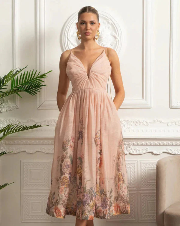 Vestido Midi  Estampa de Flores Rosa e Decote V Profundo – Alta Qualidade