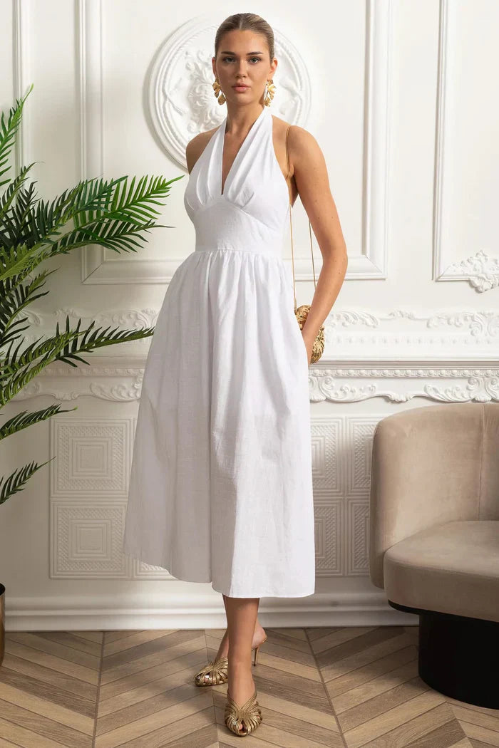 Vestido Longo em Algodão – Decote V, Alças Finas e Cintura Marcada – Estilo Oversized