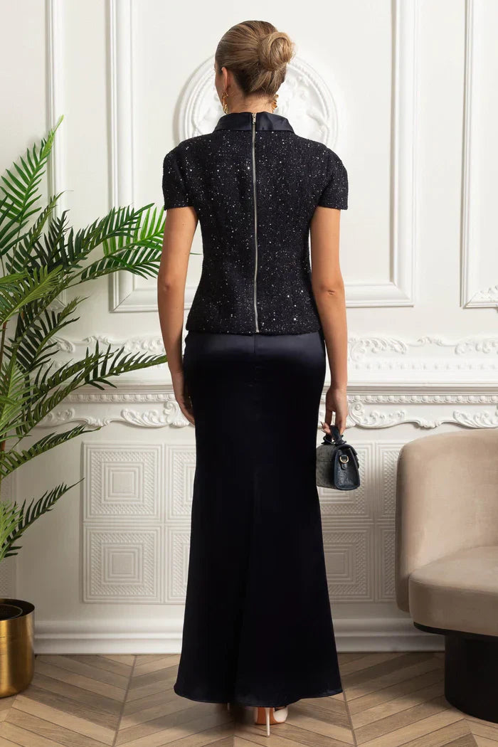 Vestido Longo – Maxi Luxo, Cristal e Cetim Tweed, Azul