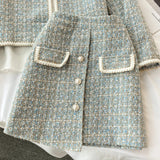 ConjuntoTweed Xadrez – Blazer Manga Longa + Saia A-Line Assimétrica