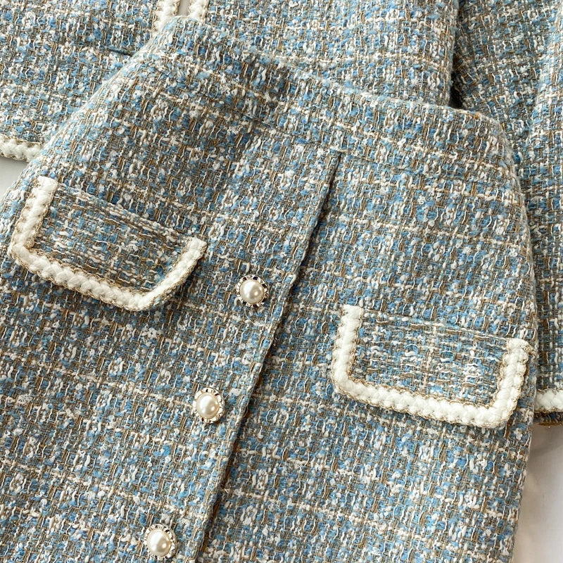 ConjuntoTweed Xadrez – Blazer Manga Longa + Saia A-Line Assimétrica