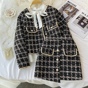 ConjuntoTweed Xadrez – Blazer Manga Longa + Saia A-Line Assimétrica