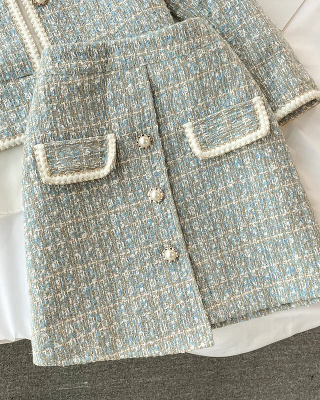 ConjuntoTweed Xadrez – Blazer Manga Longa + Saia A-Line Assimétrica