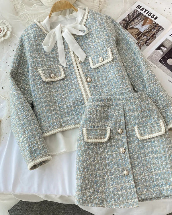 ConjuntoTweed Xadrez – Blazer Manga Longa + Saia A-Line Assimétrica