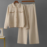 Conjunto Feminino - Estilo Francês em Tricô com Gola Polo e Calça Longa