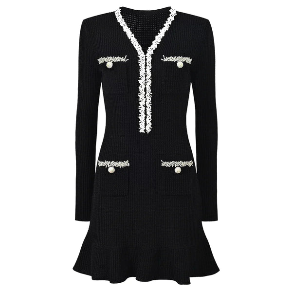 Vestido Bicolor – Decote V, Manga Longa, Slim Fit com Bolsos Bordados