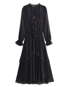 Vestido Elegante com Decote V – Babados, Manga Longa Lanterna e Detalhe em Renda com Laço