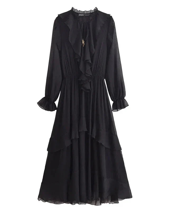 Vestido Elegante com Decote V – Babados, Manga Longa Lanterna e Detalhe em Renda com Laço