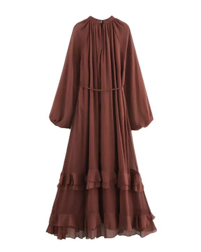 Vestido Elegante com Babados – Manga Longa, Alças Ajustáveis e Bainha Irregular