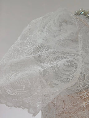 Vestido Longo – Luxo, Bordado em Renda, Detalhes com Diamantes e Cristais, Manga Curta Transparente, Modelo Midi
