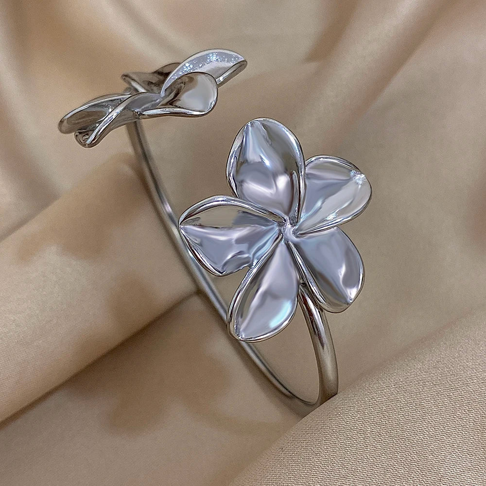 Bracelete de Aço Inoxidável  Dupla Flor  - Bracelete Floral Metal Dourado, à Prova D'Água, Joia para Festa