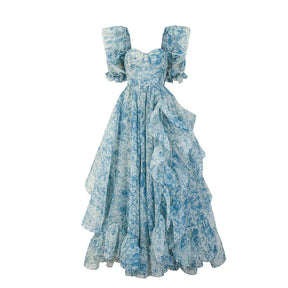 Vestido Runway – Floral Elegante com Mangas Bufantes, Babados em Camadas e Estilo Princesa para Festa