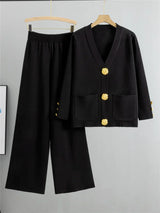Conjunto Feminino Elegante em Tricô – Cardigan de Botões e Calça de Cintura Alta com Perna Larga