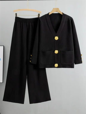 Conjunto Feminino Elegante em Tricô – Cardigan de Botões e Calça de Cintura Alta com Perna Larga