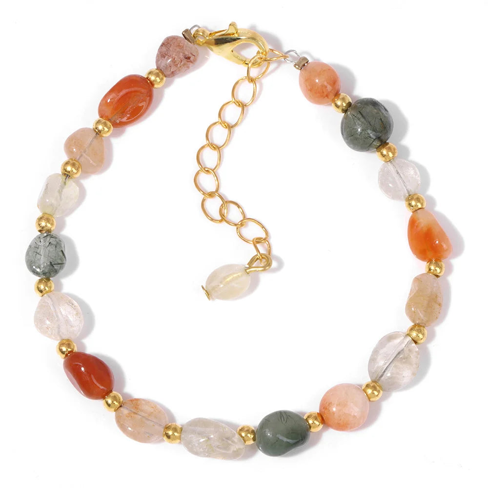 Pulseiras Pedras Naturais (Quartzo Rosa, Ágata) com Corrente Dourada, Estilo Bangle