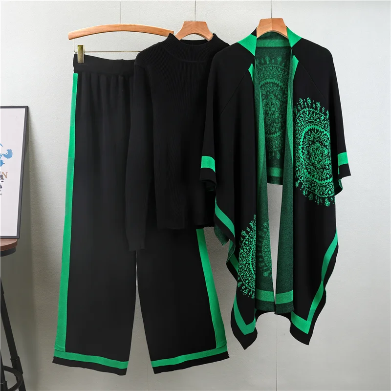 Conjunto Feminino 3 Peças em Tricô – Blusa, Pashmina e Calça Pantalona Cintura Alta