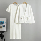 Conjunto Executivo Feminino – Tricô Elegante com Casaco Longo e Saia