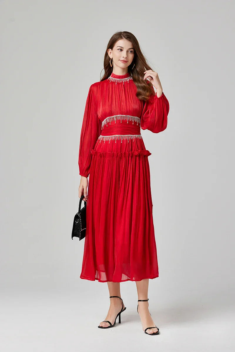 Vestido de Verão SEDA – Luxo Francês, Franjas, Pregas e cristais