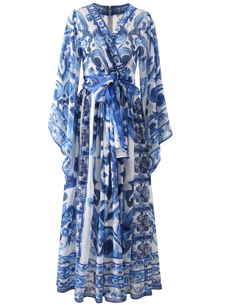 Vestido Longo Floral Estilo Porcelana – Elegância Atemporal