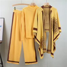 Conjunto Feminino 3 Peças em Tricô – Blusa, Pashmina e Calça Pantalona Cintura Alta
