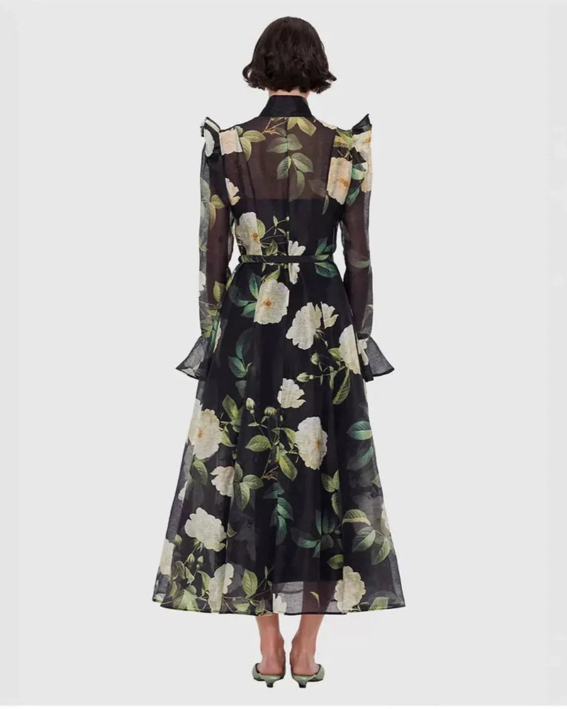 Vestido Longo Floral com Manga Flare – Elegância Atemporal