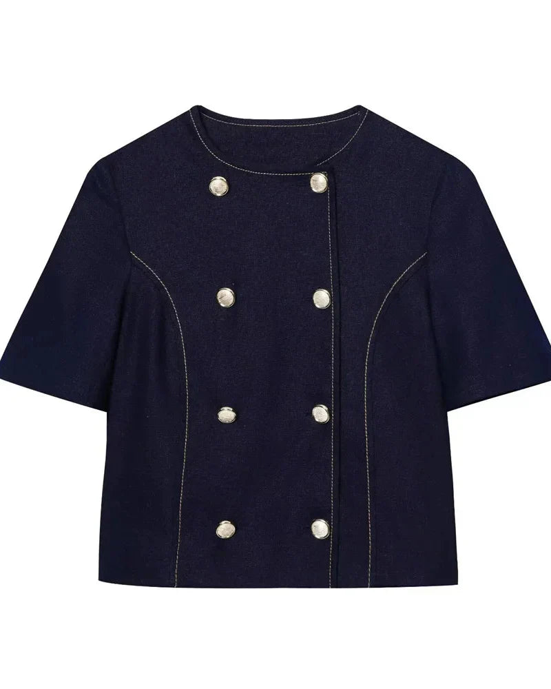 Conjunto Feminino – Blazer Curto com Botões Decorativos e Calça Reta Casual |