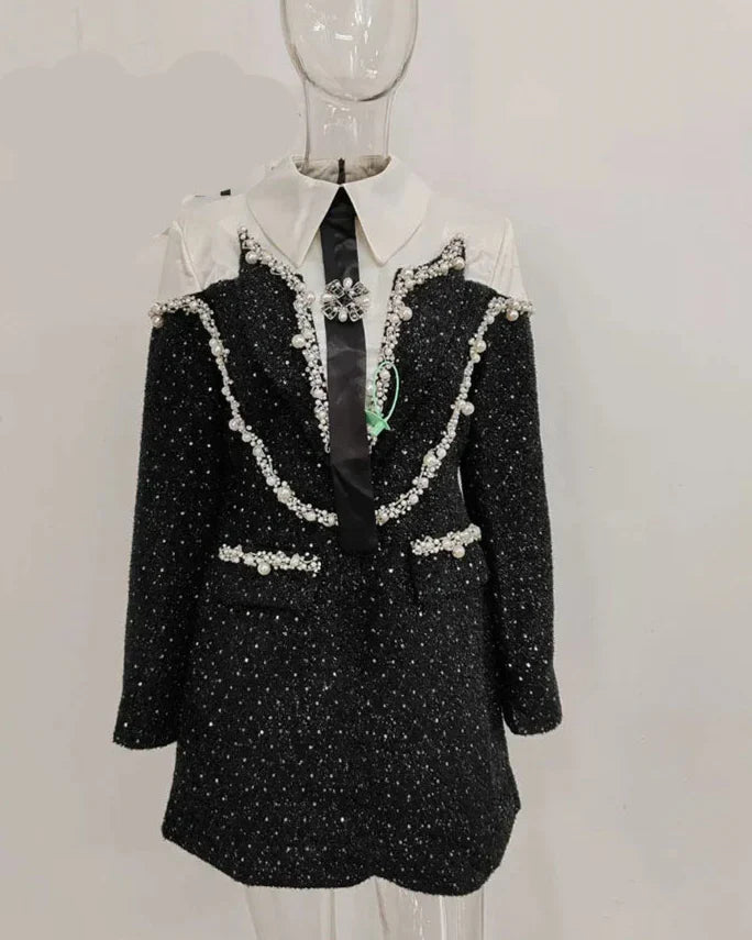 Vestido A-Line com Paetês e Bordado – Manga Longa, Gola Lapela e Design Bicolor