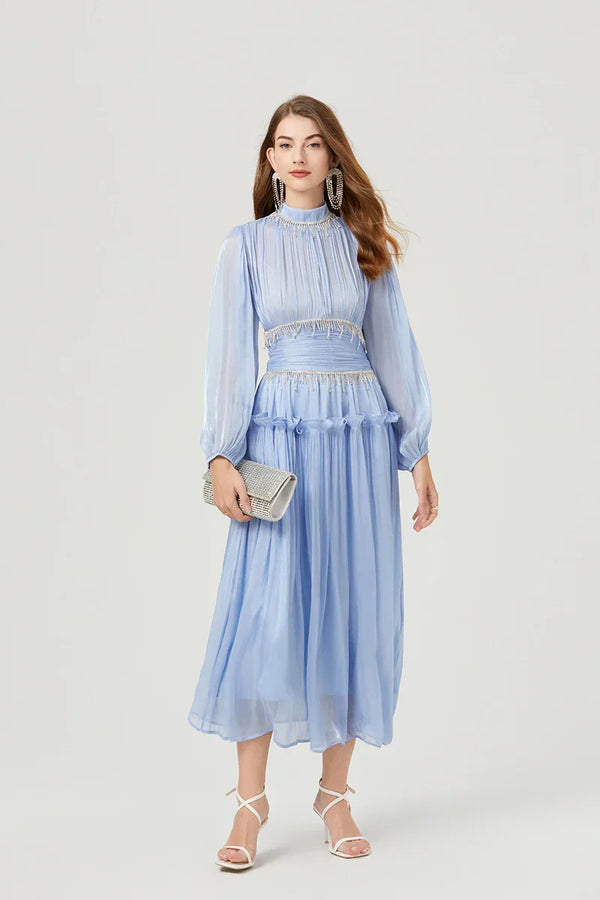 Vestido de Verão SEDA – Luxo Francês, Franjas, Pregas e cristais