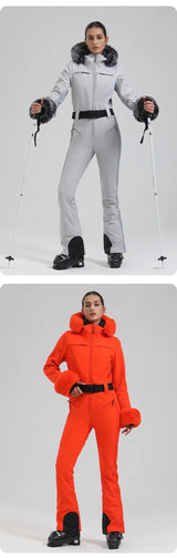 Macacão de Esqui Feminino GSOU SNOW – One Piece Slim, Impermeável, À Prova de Vento, Forrado e com Capuz de Pele
